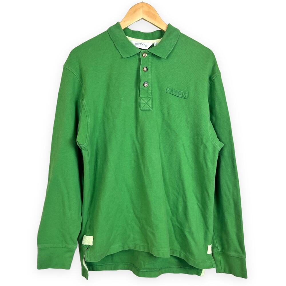 ORVIS Mens Long Sleeve Pullover Heavy Knit Polo Shirt MEDIUM Cotton Green Fade